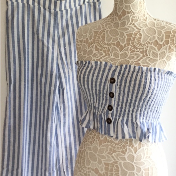 SHEIN Strapless  Blue White Striped  Top Pants Set - Picture 5 of 8